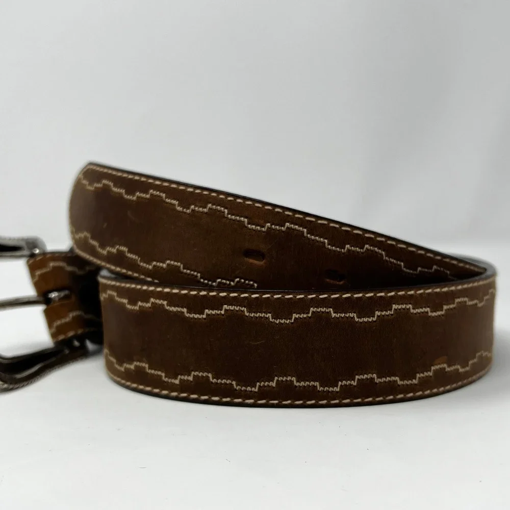 Tony Lama Brown Leather Western Belt Silver Buckle Women's Size 32 1459L - Picture 2 of 6